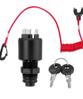 Boat Ignition Switch With Two Keys And Safety Lanyard For OMC Johnson Evinrude 40-200HP Outboard Motors Replacement 175974 Durable No Fuss Install Assembly, black switch, red lanyard, two keys visible