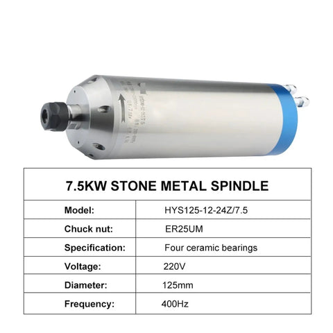Heavy Duty Workhorse 7.5 Kw Water Cooled Spindle Motor With Er25 Collet Mount For Cnc Routers shown from the side with details.