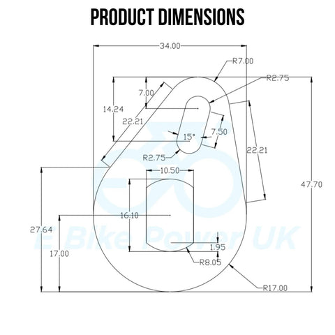 Diagram showing dimensions for Heavy Duty E Bike Torque Arm Set Universal M16 For 3000W 5000W Motors 6mm Thick Stainless Steel Rear Axle Guard.