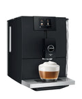 Smooth Operator Fully Automatic Coffee Machine Featuring A Smart Touchscreen And One Touch Milk Drinks In Polished Metropolitan Black, with coffee and milk froth.