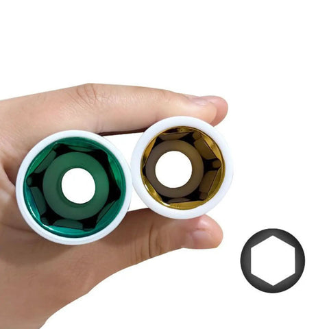 Hand holding Easy-Grip Thin Wall Wheel Nut Socket Set showing two sockets from the 5-Piece Kit with green and gold interiors