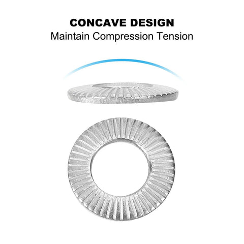 M8x16mm 304 Stainless Steel Belleville Spring Disc Washer 50 Pack Conical Knurled Gasket For Automotive Industrial Construction Use Heavy Duty Be Beefy Performance Flat Washer Set concave washer side and top view
