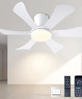 36 Inch Low Profile Ceiling Fan With Lights And Remote, Flush Mount White, in modern room, showing remote and dimmable light.