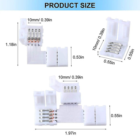 LED Strip Lights Connectors Kit 40 Pieces L Shape T Shape 4 Pin Solderless Adapters For 5050 RGB White Strips size display