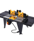 Heavy Duty Benchtop Router Table Packs A Rock Solid Cast Iron Top And Tight Adjustable Fence For Precision Woodworking, side view with safety features.