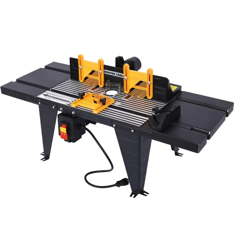 Heavy Duty Benchtop Router Table Packs A Rock Solid Cast Iron Top And Tight Adjustable Fence For Precision Woodworking, side view with safety features.