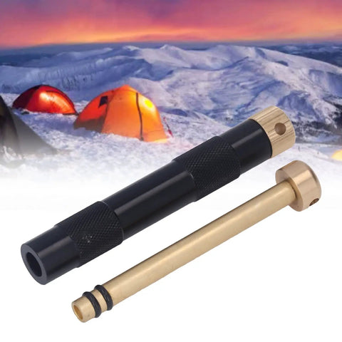 Portable 13cm Emergency Fire Piston Fire Starter, Metal Compression Piston Tool for Camping shown with tent background.