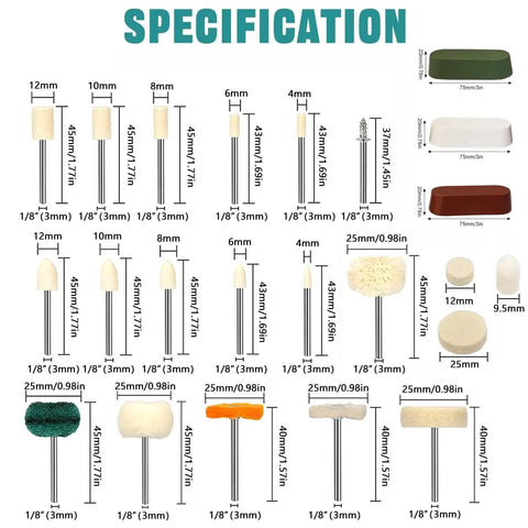 Straight Up Heavy Duty Buffing Wheel Polishing Kit Packs Felt Wool Pads And Top Shelf Compounds For Slick Metal Finishes Built For One Eighth Shank Rotary Tool Operators, showing various buffing pads and specifications.