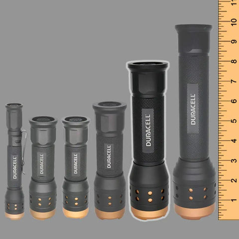 Size comparison of Ultra Lightweight Focusing Flashlight With 700 Lumen Beam That Goes From Wide To Spot Aircraft Grade Aluminum Body Easy Carry Three Modes Three AAA Batteries Included Ideal For Indoor And Outdoor Use with ruler showing height.