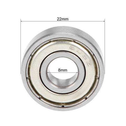 Front view of 608ZZ Deep Groove Double Shielded Ball Bearing, 8x22x7mm size, chrome steel construction, suitable for skate and motor use.
