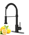 Dead Simple Install Bulletproof Build Slick Black Finish Single Handle Pull Down Kitchen Faucet Lead Free Stainless Steel Ceramic Cartridge Top Tier Sink Fixture with coiled spout and spray.