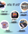 Diagram showing steps for using White 1000g Hot Melt DTF Adhesive Powder For All DTF Printers from machine setup to finished T-shirt.