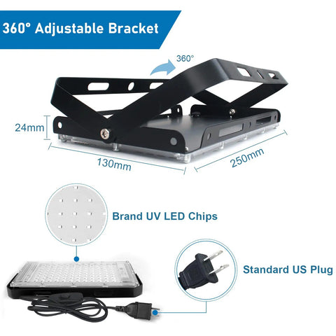 Diagram of Two Pack 100W UV Black Lights For Glow Parties And Stage Lighting IP65 Waterproof Beefy Ultraviolet Lamps showing adjustable bracket and plug