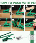 Guide on using Open Serrated Seals For Five Eighths Inch PET Straps Pack Of One Hundred with tensioner and sealer tool on a box