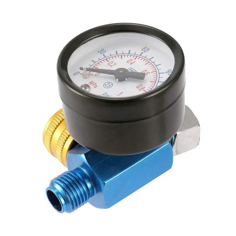 Kickass Adjustable HVLP Spray Gun Pressure Regulator With Crystal Dial Gauge And Quarter NPT Hookup showing gauge and threaded connection.