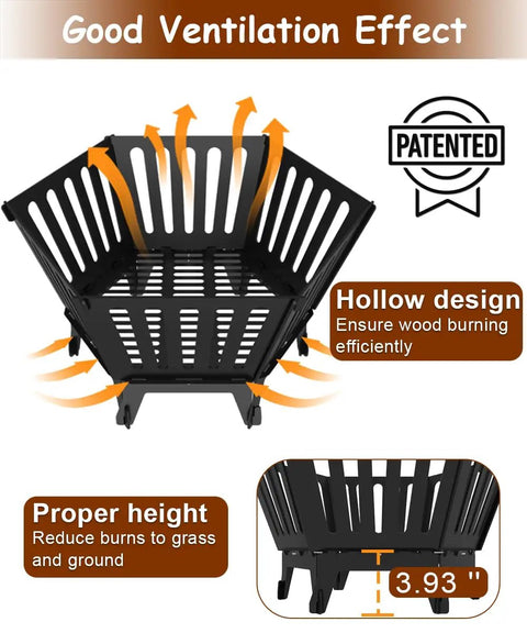 Illustration of Hexagon 22.5 Inch Portable Fire Pit With Travel Bag, Smokeless Patented Design showing ventilation and height.