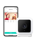 Cam V3 Indoor Outdoor Security Camera With Color Night Vision next to smartphone showing live video feed