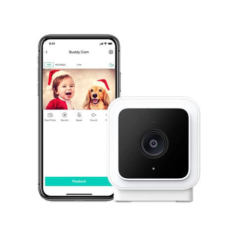 Cam V3 Indoor Outdoor Security Camera With Color Night Vision next to smartphone showing live video feed