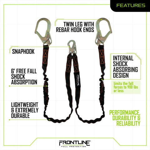 Rock Solid 6 Foot Twin Leg Lanyard Shock Absorbing Safety Anchor With Snap And Rebar Hooks OSHA Approved Impact Indicator Beast Mode Tie Off Gear For Heavy Lift Job Sites Real Deal Craftsmanship