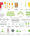 Components of Kids Plant Growing Kit With Indoor Greenhouse And Hydroponic System, Thermometer, Wind Vane And Tools, Educational STEM Garden Set displayed in grid format.