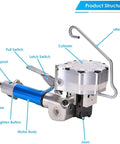 Pro Grade Pneumatic Steel Strapping Machine Featuring Heavy Duty Tensioner Cutter Sealer And Handheld Banding Tool, detailed view of components.