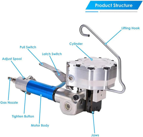 Pro Grade Pneumatic Steel Strapping Machine Featuring Heavy Duty Tensioner Cutter Sealer And Handheld Banding Tool, detailed view of components.