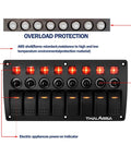 Beefy 8 Gang Marine Rocker Switch Panel Waterproof With Circuit Breaker 12V On Off Toggle Panel Red LED Indicator For Boats RVs Cars Trucks Yachts And More, showing front view with overload protection and ABS shell material labeled.