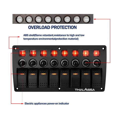 Beefy 8 Gang Marine Rocker Switch Panel Waterproof With Circuit Breaker 12V On Off Toggle Panel Red LED Indicator For Boats RVs Cars Trucks Yachts And More, showing front view with overload protection and ABS shell material labeled.