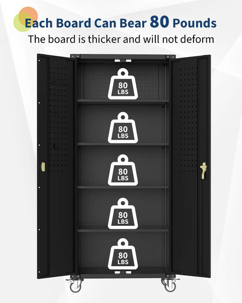 Heavy Duty 72 Inch Locking Storage Cabinet With Wheels And Pegboard for Garage Workshop and Home Office Four Adjustable Shelves
