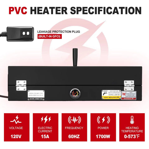 Metlead 1/2 To 2 Inch Pvc Conduit Bending Heater, 1700W Electric Pipe Bender specifications overview with plug and controls.