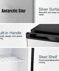 Straight Up Chilling 1.1 Cubic Foot Upright Mini Freezer With Reversible Single Door And Dial In Temp Settings Featuring Sturdy Removable Rack In Sleek Stainless Look with silver surface and built-in handle.