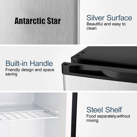 Straight Up Chilling 1.1 Cubic Foot Upright Mini Freezer With Reversible Single Door And Dial In Temp Settings Featuring Sturdy Removable Rack In Sleek Stainless Look with silver surface and built-in handle.