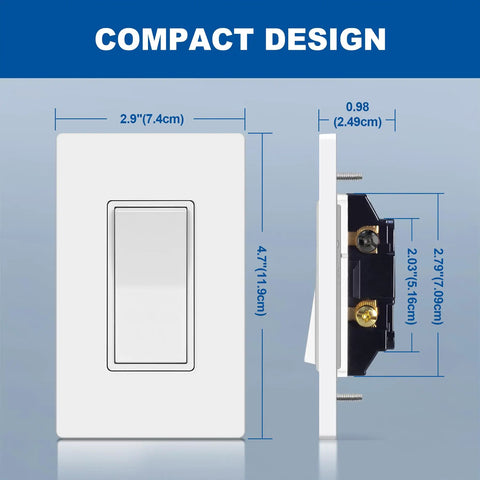 3 Way Wall Light Switch Decorator Rocker Paddle Interrupter for Easy Flip 15A 120 to 277V Single Pole or 3 Way UL Listed White 10 Pack With Screwless Wall Plate Included showing compact design dimensions.
