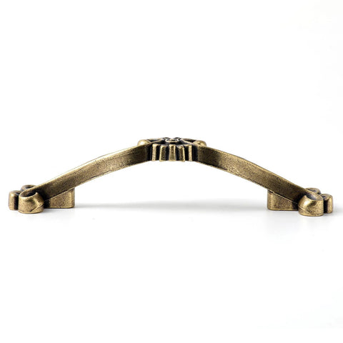 Antique Brass Traditional Cabinet Pulls Six Pack With Three Inch Hole Centers Classic Ornate Cast Handles shown in front view