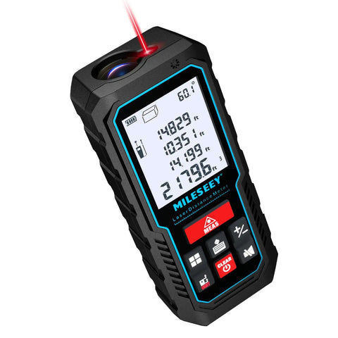 Digital Laser Tape Measure with 229 Ft Range and a Slick Upgraded Electronic Angle Sensor, Backlit 2 Inch LCD shown active.