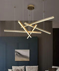 Geometric Linear LED Pendant Light Featuring Sleek Gold Finish Dimmable 3 Color Options Abstract Hanging Design in modern living room.
