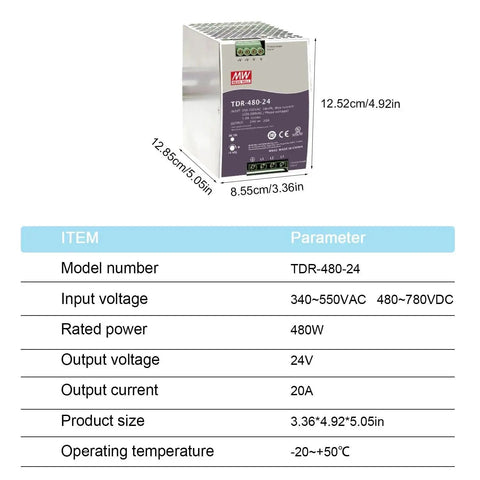 24V 20A 480W Three Phase DIN Rail Power Supply With 340 550 VAC Wide Input Ultra Slim 85mm Plug And Play Installation UL508 Certified Active PFC 93 Percent Efficiency Ideal For Industrial Automation And Semiconductor Fabrication, front view