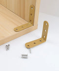 Heavy Duty L Bracket Corner Brace With Screws Rock Solid Right Angle Shelf Support For Furniture Repair And Woodworking No Sweat Assembly 8 Pack shown with screws on a wooden shelf.