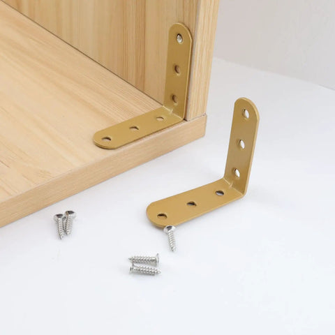 Heavy Duty L Bracket Corner Brace With Screws Rock Solid Right Angle Shelf Support For Furniture Repair And Woodworking No Sweat Assembly 8 Pack shown with screws on a wooden shelf.