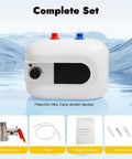 Compact Under Sink Mini Water Heater Delivers No Sweat Instant Hot Water For Kitchen Bathroom And RV 1.6 Gallon 1500W Electric Tank complete set including safety valve and manual.