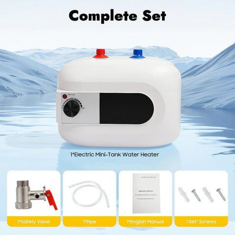 Compact Under Sink Mini Water Heater Delivers No Sweat Instant Hot Water For Kitchen Bathroom And RV 1.6 Gallon 1500W Electric Tank complete set including safety valve and manual.