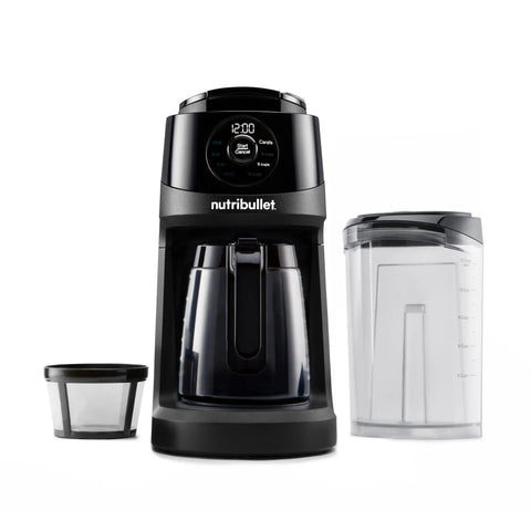Front view of Brew Choice Pod And Carafe Coffee Maker For K Cup Pods Or Ground Coffee, 12 Cup Capacity, with accessories.