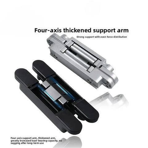 Heavy Duty Invisible Door Hinge Concealed Adjustable Cross Shaped Wooden Handle For Rock Solid Hidden Pantry Doors clean silver hardware and black support arm.