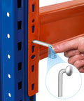 Inserting 100 Pack Galvanized Pallet Rack Drop Pins M5 Round Head Safety Bolts into shelving unit, rust resistant iron material.