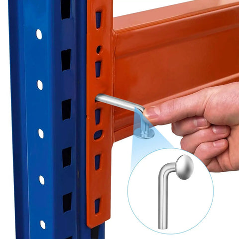Inserting 100 Pack Galvanized Pallet Rack Drop Pins M5 Round Head Safety Bolts into shelving unit, rust resistant iron material.