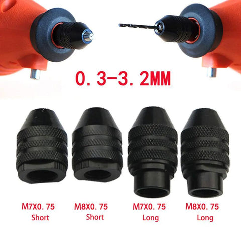 Keyless Three Jaw Chuck Rotary Tool Quick Change Adapter Kit for 0.012 to 0.12 inch shanks, shown with multiple sizes.