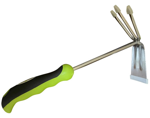 Stainless Steel Hand Cultivator Rake Hoe Tiller Tool With Ergonomic Handle For Garden Pros, Rust Resistant, 3 Large Tines, side view