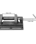 2 Pack 4 Inch Portable Drill Press Vise With Slotted Base Made From Durable Cast Iron For Dead Solid Grip Wood And Metal Clamping Light Duty Bench Fixture Easy Setup Workshop Staple Black top view showing dimensions.