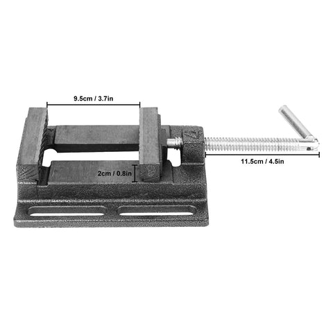 2 Pack 4 Inch Portable Drill Press Vise With Slotted Base Made From Durable Cast Iron For Dead Solid Grip Wood And Metal Clamping Light Duty Bench Fixture Easy Setup Workshop Staple Black top view showing dimensions.