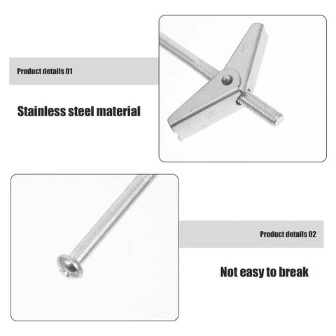 Heavy Duty Drywall Toggle Bolt Kit with Wing Nuts, Stainless Steel Anchors, showing stainless steel material and durability.